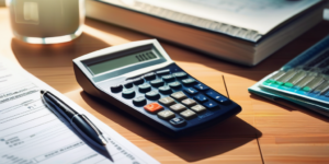 Grafik zeigt Geldscheine und Taschenrechner mit Prozentzeichen, unscharfe Unterlagen im Hintergrund.