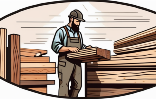 Handwerker schneidet präzise Holz auf Werkbank, Werkzeuge im Hintergrund.
