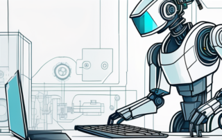 Ingenieur programmiert Roboterarm in modernem Labor mit Computertechnologie.