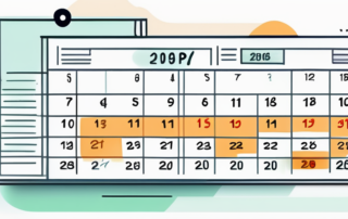 Kalender mit markierten Tagen, Geldstapel, Stift und Rechenmaschine daneben.