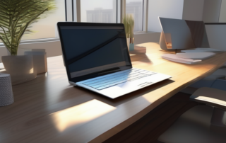 Laptop mit Grafiken, Taschenrechner und Gehaltsabrechnungen auf Schreibtisch.