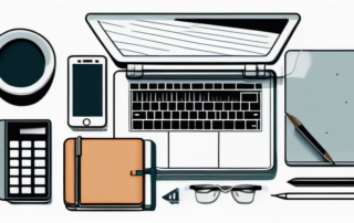 Laptop mit Notizbuch und Stifte auf einem organisierten Schreibtisch.