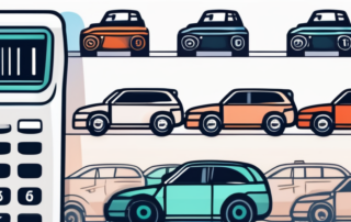 Rechner auf Schreibtisch mit Firmenwagen-Schlüsseln und Diagramm.