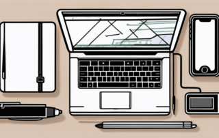 Schreibtisch mit Laptop, Rechner und ordentlich sortierten Belegen.