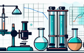 Student im Labor, Mikroskop untersuchend, Diagramme im Hintergrund.