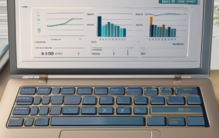 Tastatur, Taschenrechner, Diagramme und Gewerbesteuerformular auf einem Schreibtisch.