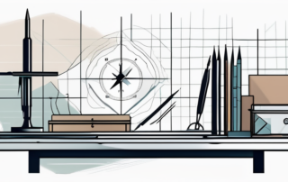 Architekt betrachtet Bauplan, daneben transparente Einkommenstabellen schweben.