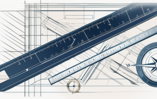 Architekt betrachtet Baupläne auf einem Schreibtisch voller Werkzeuge.