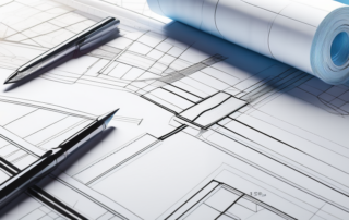 Architekt betrachtet Baupläne auf einem Tisch mit Rechner und Notizen.