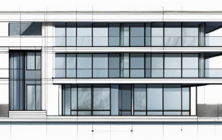 Architekt betrachtet Baupläne, im Hintergrund euro Geldscheine und Rechner.