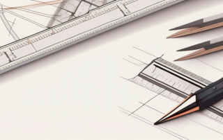 Architekt betrachtet Baupläne neben einem Modell eines modernen Hauses.