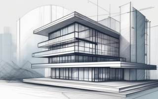 Architekt betrachtet Baupläne vor modernem Hochhaus-Silhouette im Sonnenuntergang.