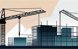 Bauingenieur betrachtet Bauplan, finanzielle Diagramme im Hintergrund.