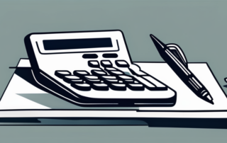 Bücherstapel, Taschenrechner, Brille und offenes Buch mit Finanzdiagrammen.