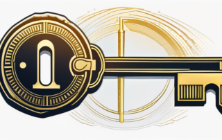 Betriebswirt hält glänzenden Schlüssel über gestapelte Geldscheine und Diagramme.