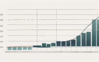Büroangestellter betrachtet wachsendes Diagramm auf Computerbildschirm, optimistisch.