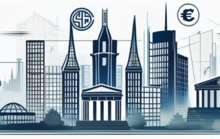 Bürogebäude mit Logos bekannter deutscher Unternehmen im Sonnenuntergang.