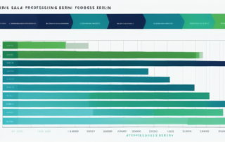 Bürogebäude-Silhouette bei Sonnenuntergang, Diagramm mit aufsteigenden Pfeilen im Vordergrund.