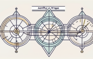 Bürotisch mit Gehaltsscheck und Lohnabrechnung nebeneinander.