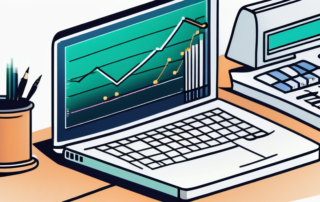 Buchhalter analysiert Finanzdaten am Computer mit Diagrammen im Vordergrund.
