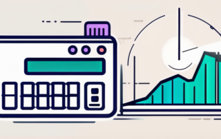 Buchhalter analysiert Gehaltsdaten auf einem Laptop, Diagramme im Hintergrund.