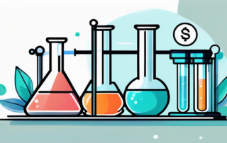 Chemiker hält Gehaltsscheck, überraschter Ausdruck, Labor im Hintergrund.