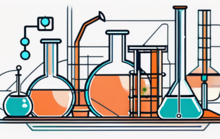 Chemiker im Labor experimentierend, Geldscheine im Hintergrund schwebend.