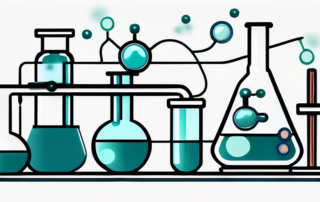Chemiker im Labor, Geldscheine im Reagenzglas, glücklich.