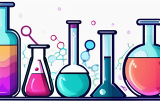 Chemiker im Labor untersucht Proben, Geldscheine im Vordergrund.