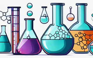 Chemiker im Labor untersucht Reagenzgläser, neben Gehaltsscheck.