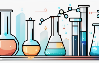 Chemiker in Laborkleidung betrachtet Reagenzgläser, Geldscheine im Hintergrund.