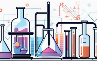 Chemiker untersucht Reagenzglas, Geldscheine und Diagramme im Hintergrund.