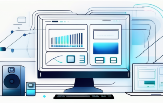 Designer am Arbeitsplatz betrachtet Gehaltsdiagramme auf dem Computerbildschirm.