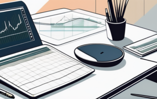 Designer am Arbeitsplatz betrachtet Gehaltsgrafik auf Laptop-Bildschirm.