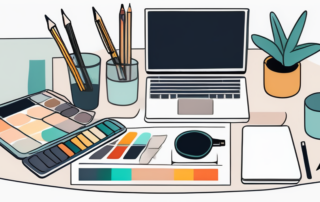 Designer am Arbeitsplatz, umgeben von kreativen Projekten und Werkzeugen.