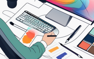 Designer bei der Arbeit, Gehaltsscheck und Laptop im Hintergrund.