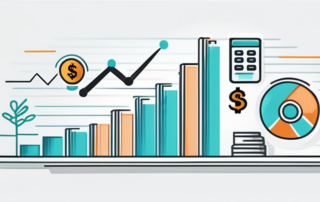 Diagramm mit steigenden Balken neben einem Geschäftsmann, der jubelt.