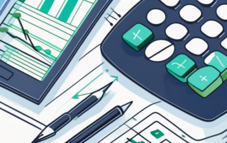 Diagramm mit steigender Gehaltskurve neben Buchhaltungsunterlagen und Taschenrechner.