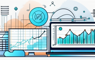 Diagramm mit steigender Kurve, Symbolen für Kryptowährung und Geldstapel.