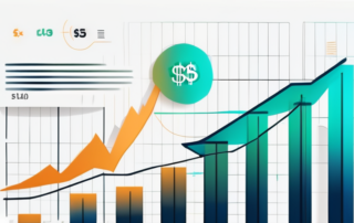 Diagramm von Gehaltsspannen neben einem Geschäftsmann mit Laptop.