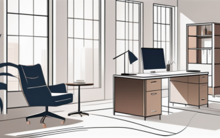 Ein Designer betrachtet Entwürfe neben modernen Möbeln im sonnigen Studio.