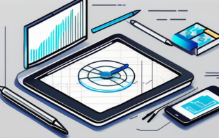Ein Grafiker analysiert Daten auf einem Computerbildschirm, umgeben von Grafiken.