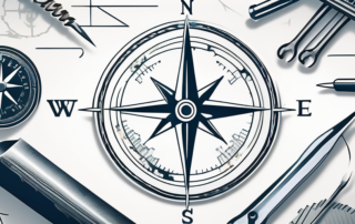 Ein Kompass neben einem Vertragsdokument und metallischen Elementen.