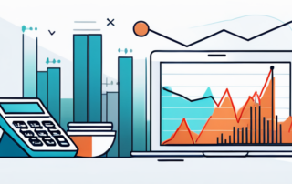Ein Lächelnder Buchhalter hält Geld, umgeben von Diagrammen und Rechnern.
