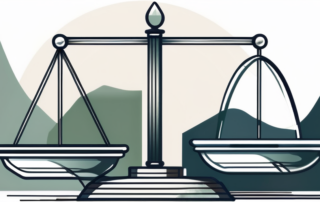 Ein Stapel Geld, Gerechtigkeitswaage und Juristenbücher im Hintergrund.