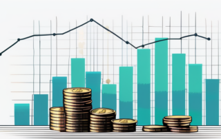 Ein Stapel Geldscheine mit goldener Waage auf einem Schreibtisch.