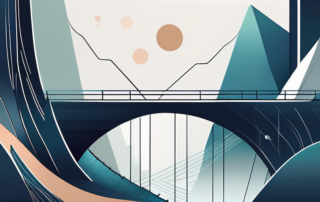 Eine Person steht zwischen symbolischen Säulen von Technik und Management.