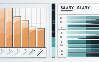 Eine Tabelle mit Gehaltszahlen, umgeben von Büromaterialien und einem Laptop.