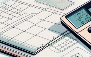 Elektroingenieur hält Gehaltsabrechnung, neben Taschenrechner und Diagrammen auf Tisch.
