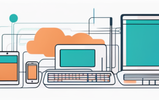 Fachinformatiker präsentiert finanzielles Diagramm auf Tablet, Erfolgssymbole im Hintergrund.